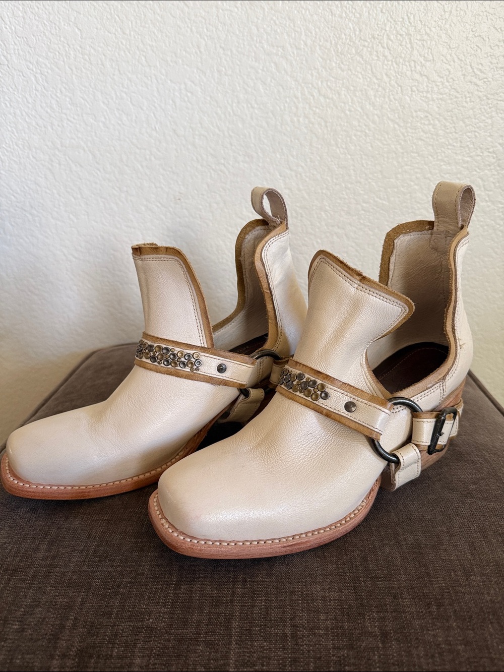 Freebird Dusty Cream Western Ankle booties with removable studded strap